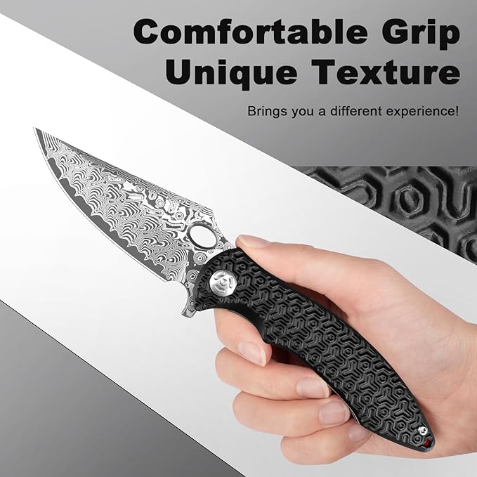 Pocket Knife for EDC Damascus Pocket Knife with Black Aluminum Handle 3.3" Damascus Blade Pocket