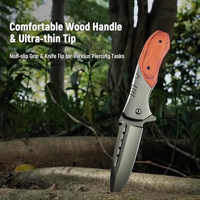 Pocket Knife for Men - Wood Handle Folding Pocket Knives with Clip, Glass Breaker - 3.46" Sharp