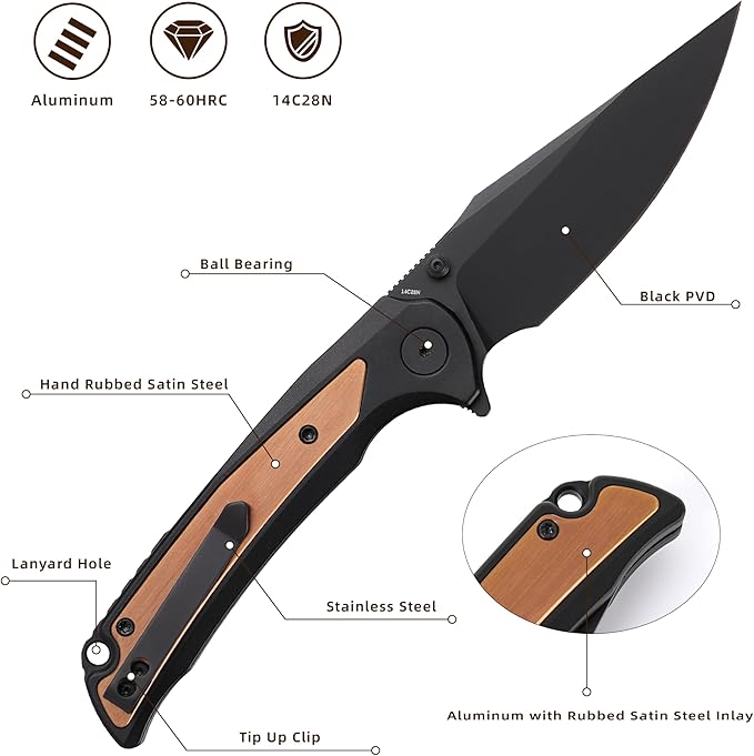 EDC Pocket Knife, 3.6" 14C28N Aluminium With Steel Inlay Handle, Folding Knife for Camping Hiking