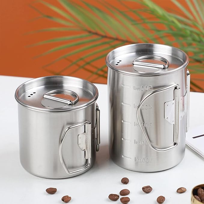 Stainless Steel Camping Cup, 17oz Fireproof Metal Cup with Lid and Foldable Handle, High