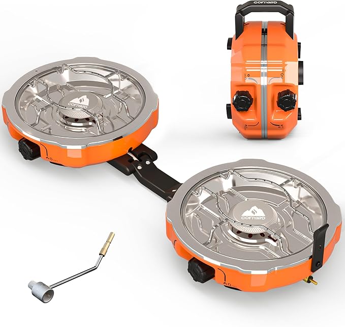20,000 BTUs 2 Burner Propane Camping Stove, Portable Folding Camp Stove with Adjustable Burners