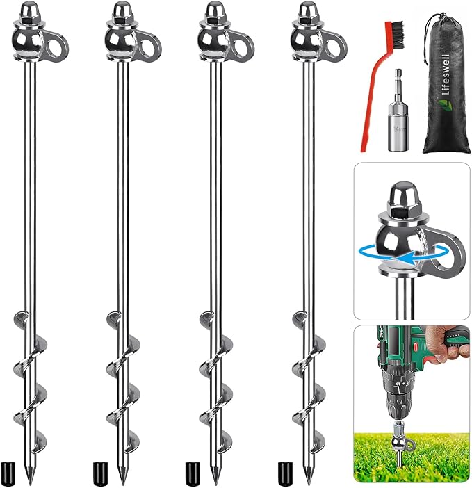 4 Pack Tent Stakes, 16 Inch Heavy Duty Ground Anchors, Full Welding, Easy to Screw in and Reusable
