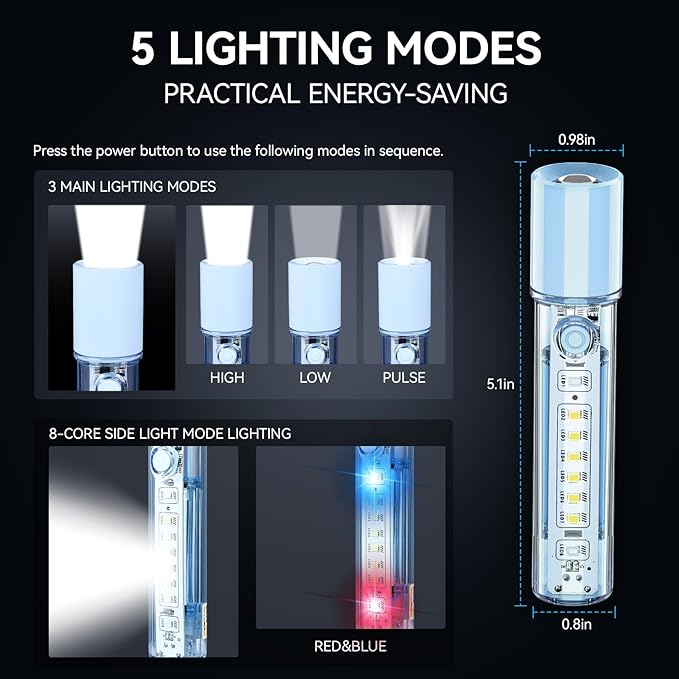 VAVOFO Blue LED Tactical Flashlight - USB-C Rechargeable, High Lumen, Fire-Resistant EDC Flashlight