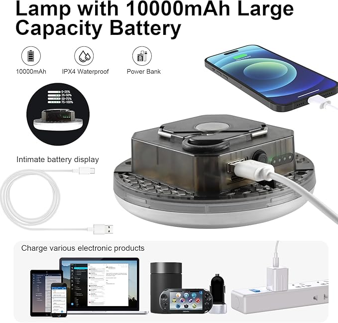 10000mAh Rechargeable 3000LM Tent Light Camping Light, 6500K 24Hours Long Play Time , Outdoor Night