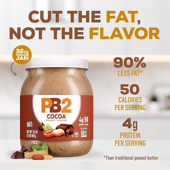 PB2 Powdered Chocolate Peanut Butter with Cocoa | 2lb Jar | 4g of Protein, 90% Less Fat, Certified