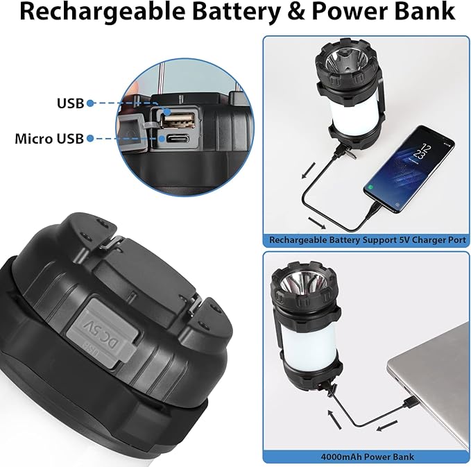 2 Pack Camping Lantern, Outdoor LED Camping Light, Rechargeable Flashlights with 1000LM, 6 Modes