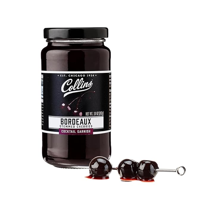 Collins Stemmed Black Cherries for Cocktails, Old Fashioned, Manhattan, and Whiskey Sour, Cocktail