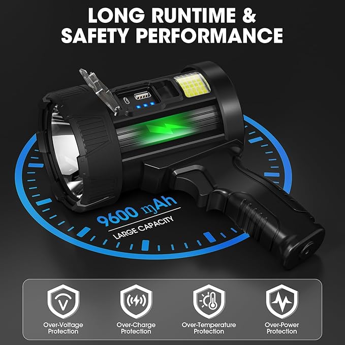 Rechargeable Spotlight, 99,000 Lumens Super Bright Handheld Led Flashlight, Outdoor Spot Light with