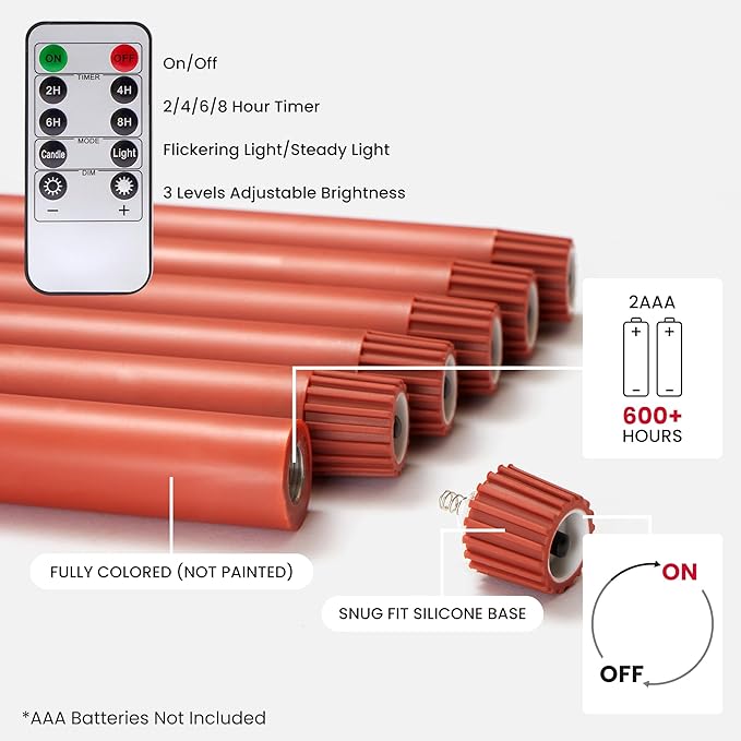 Terra Cotta Flameless Taper Candles with Remote and Timer, 6 Pack LED Candlesticks, 10 Inch Fall