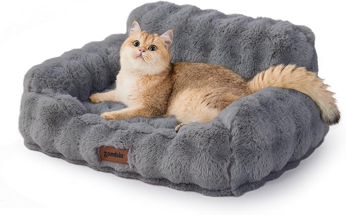 Cat Couch Bed for Indoor Cats - Orthopedic Cat Sofa with Supportive Egg Foam, Fluffy Cute Faux Fur