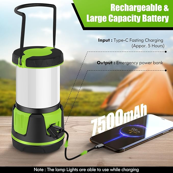 Rechargeable Camping Lantern 3000 Lumens ??LED Flashlight with 5 Modes, IP54 Waterproof, 7500mAh