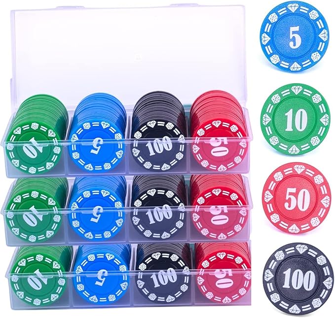 300 Plastic Poker Chips with Storage Box Set,Denomination Printed Casino Style Chip for Texas Home