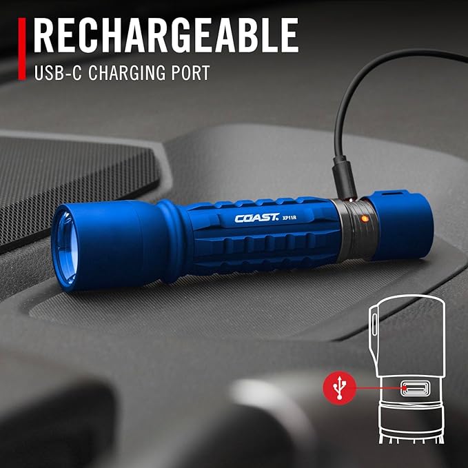Coast XP11R 2600 Lumen USB-C Rechargeable LED Flashlight with Slide Focus®?¯and Pure Beam® Focusing Optic, 4 Light Modes, Blue