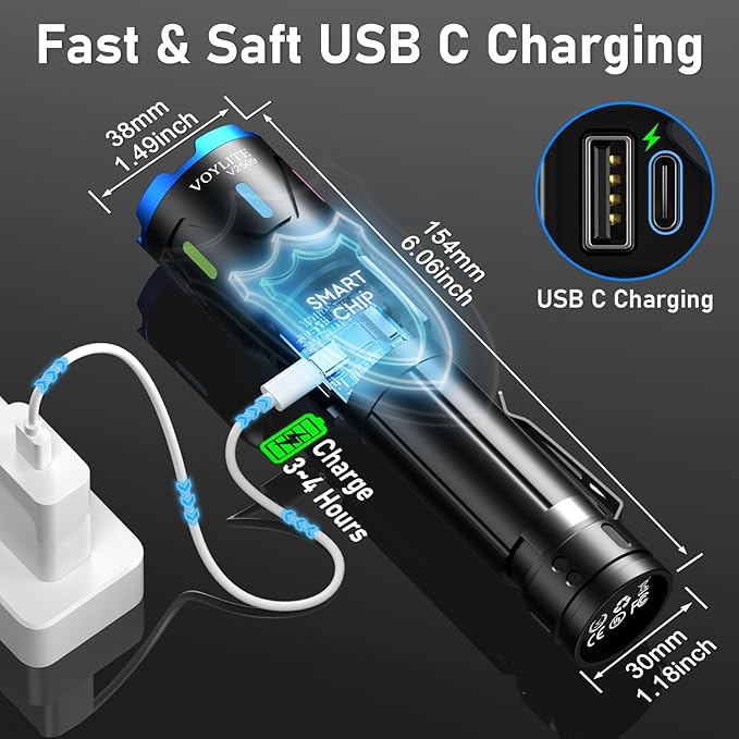 Flashlight High Lumens - 10000 Lumen, Rechargeable 5000mAh with LCD Power Display, IPX7 Waterproof