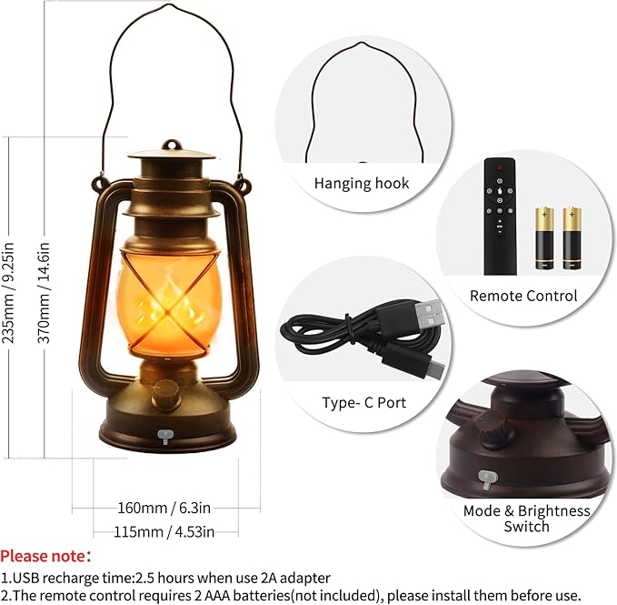 2 Pack Bronze Vintage 4 Modes Light LED Lanterns，Rechargeable Dancing Flame Lanterns Decorative