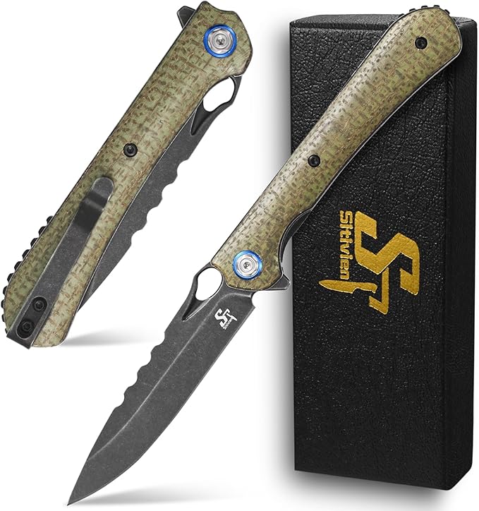 Sitivien ST145 Folding Pocket Knife,Black Stonewashed 14C28N Steel Blade,Micarta Handle EDC Tool