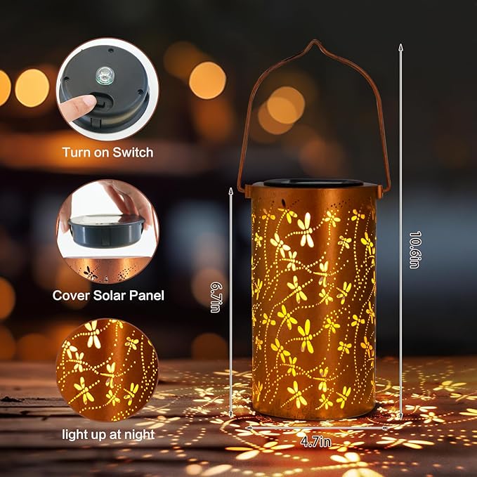 Birthday Gifts for Women,Solar Lanterns Outdoor Hanging Lantern Lights, Dragonfly Hollowed-Out