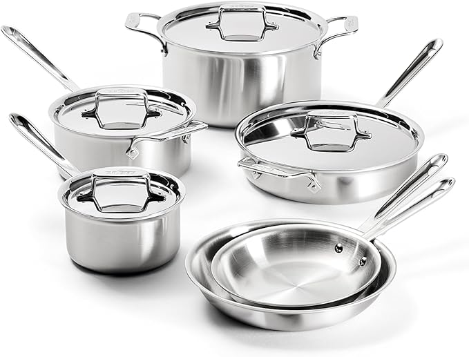 All-Clad D5 Brushed 5 Ply Stainless Steel Cookware Set 10 Piece w/ Frying Pans, Pots and Pans Set