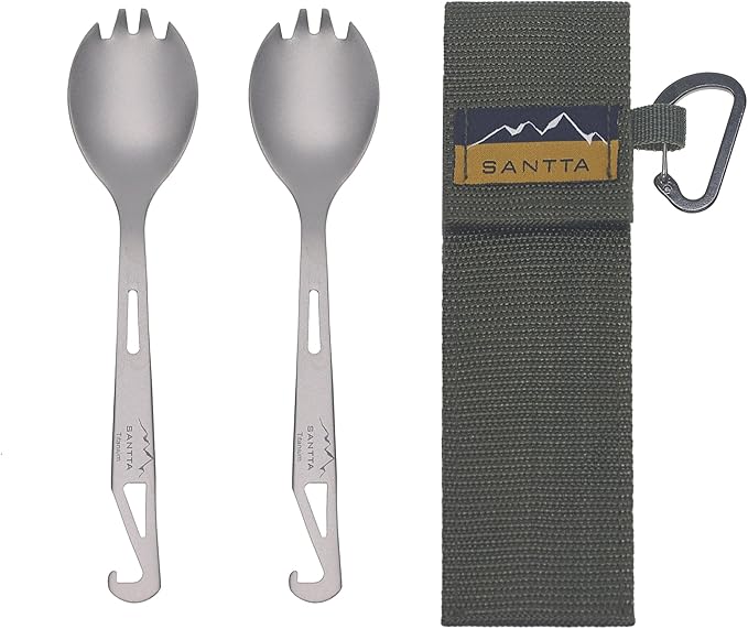 SANTTA Titanium Camping Spork Set of 2 Piece, Spoon Fork and Bottle Opener 3 in 1, Ultra light