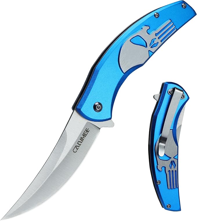 Tactical Folding Knife with upswept 440C High Carbon Stainless Steel Blade, Blue Aluminum Handle