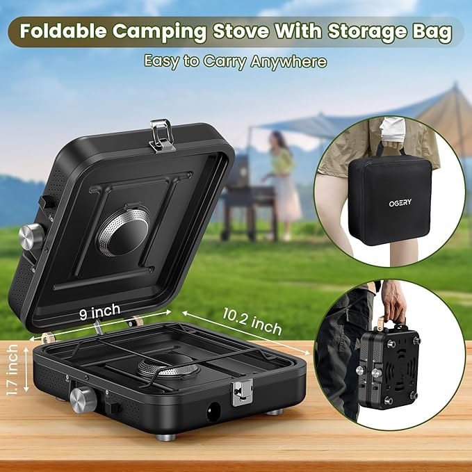 OGERY 2-Burner Foldable Camping Stove with Griddle (Textured & Smooth) and Carrying Bag, Portable