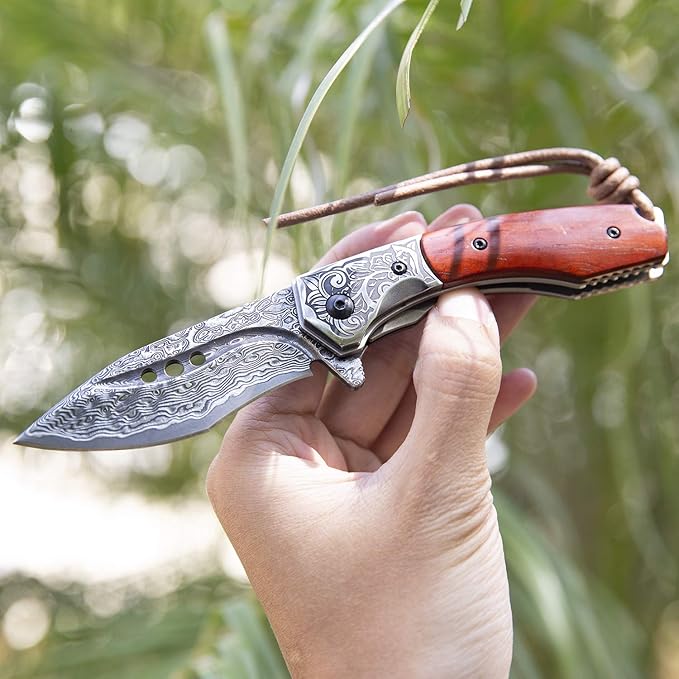 hand made damascus steel pocket knife, 3.1 inch outdoor folding knife, camping rosewood handle with