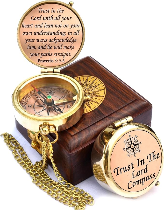Trust in The Lord With All Your Heart - Proverbs 3:5-6 Quote Engraved Compass With Wooden Box