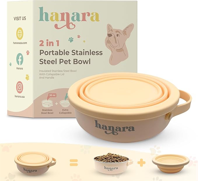 HANARA 2-in-1 Insulated Dog Bowl with Collapsible Lid & Handle ??Stainless Steel, Non-Slip Rubber