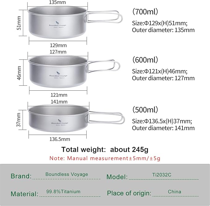Boundless Voyage Titanium Pots Pans Set Camping Cookware 500ml 600ml 700ml Bowls Outdoor Portable