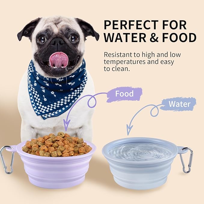 Collapsible Dog Bowls 2-Pack, Portable Travel Dog Bowl with Carabiner, Food-Grade Silicone Pet Bowl