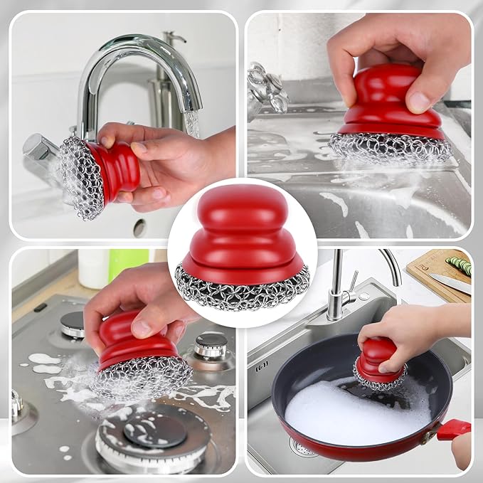 Onewly Cast Iron Scrubber and Scraper, Chain Mail Scrubber Cast Iron for Cleaning Dishes, Stock