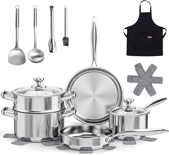 Meythway 𝐇𝐄𝐀𝐕𝐘 Pots and Pans Set Non Toxic, 16PCs Stainless Steel Cookware Set with Steamer