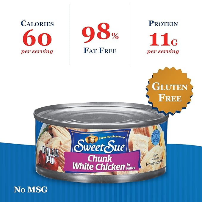 Sweet Sue Chunk White Chicken in Water, 5 oz Can (Pack of 24) - 11g Protein per Serving - Gluten