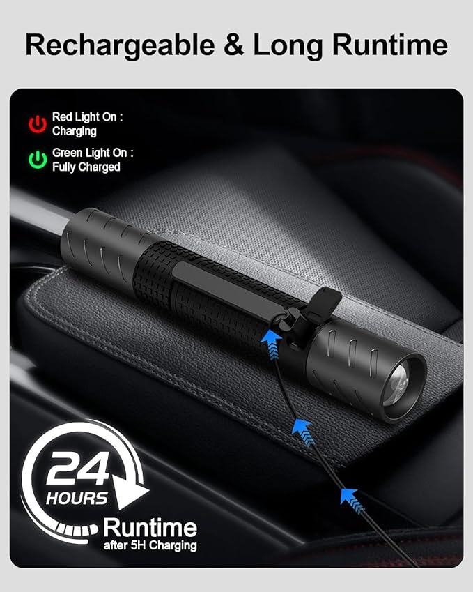Rechargeable Flashlight, Includes Screwdriver, Window Breaker, 4 Main Lighting Modes, 3 Side