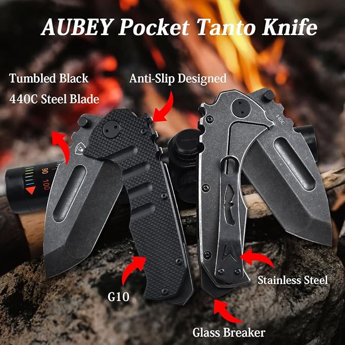 AUBEY Folding Pocket Knife with Tanto Tumbled 440C Steel Blade, Frame Lock, Black G10 Handle, Clip