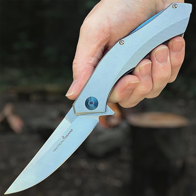 TACTICAL GEARZ Pocket Knife for EDC, Stonewashed Stainless Steel Handle, D2 Steel Blade, Includes