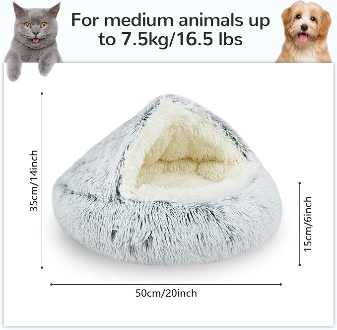 Calming Cat Beds, Fluffy Plush Round Cat Cave Washable, Cozy Warming Anti-Slip Small Dog Bed for