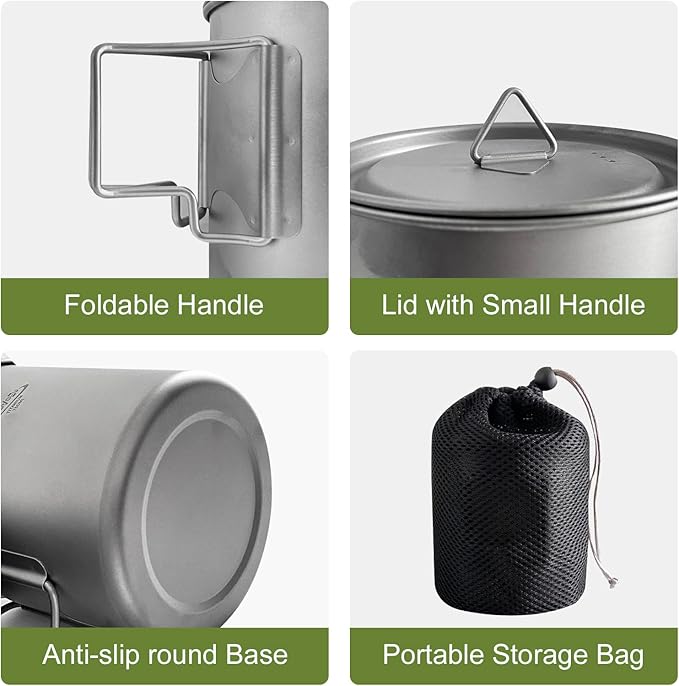 Titanium Pot with Lid, Lightweight Camping Pot with Foldable Handles, Portable Titanium Cooking