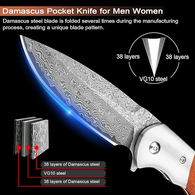KOMWERO Damascus Pocket Knife with Clip for Men, VG10 Damascus Steel Folding Knives, EDC Damascus