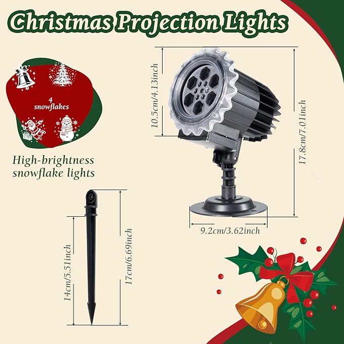 Christmas Projector Light, 3D Dynamic Rotating Christmas Patterns with Santa Snowman, for Outdoor