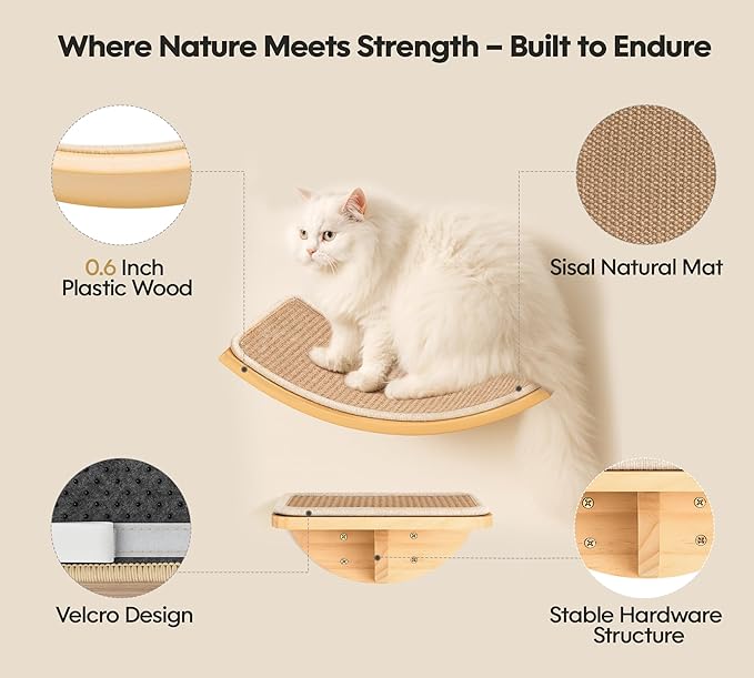 Cat Wall Shelves with Sisal Pads, 4-Piece Wooden Cats Furniture Set with Cat Window Perch, Flat
