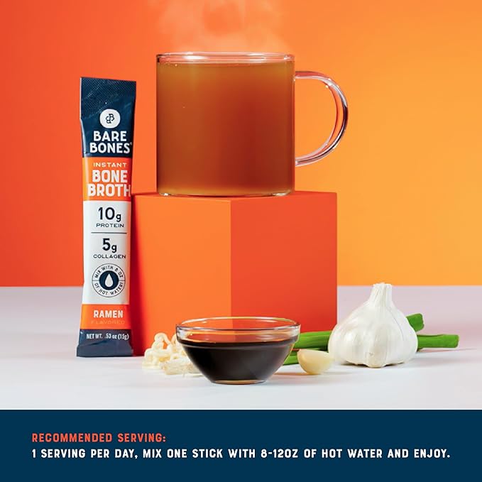 Bare Bones Bone Broth Instant Powdered Beverage Mix, Ramen, Pack of 16, 15g Sticks, 10g Protein