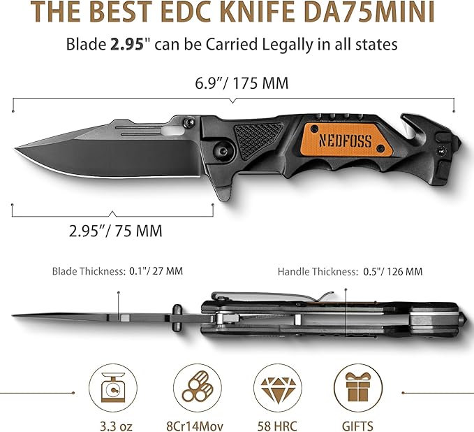 NedFoss Pocket Folding Knife DA75 Mini, 3 in 1 Pocket Knife for Men, 2.95 Inch Survival Knife with