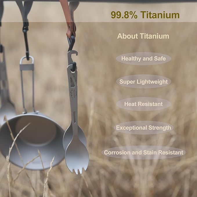 SANTTA Titanium Camping Spoon Set of 2 Piece, Spoon and Bottle Opener 2-in-1 Design, Lightweight Ti