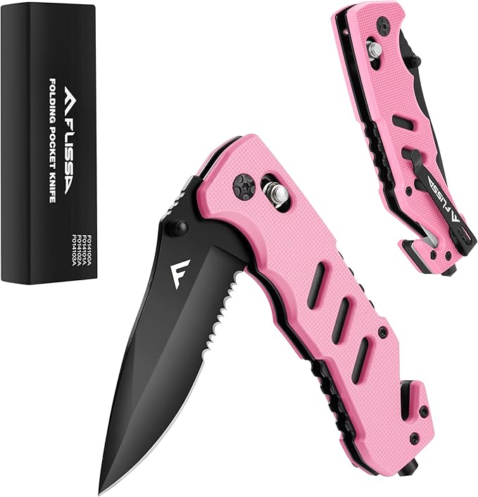 FLISSA Folding Pocket Knife with Clip, Glass Breaker and Seatbelt Cutter, Survival Knife for