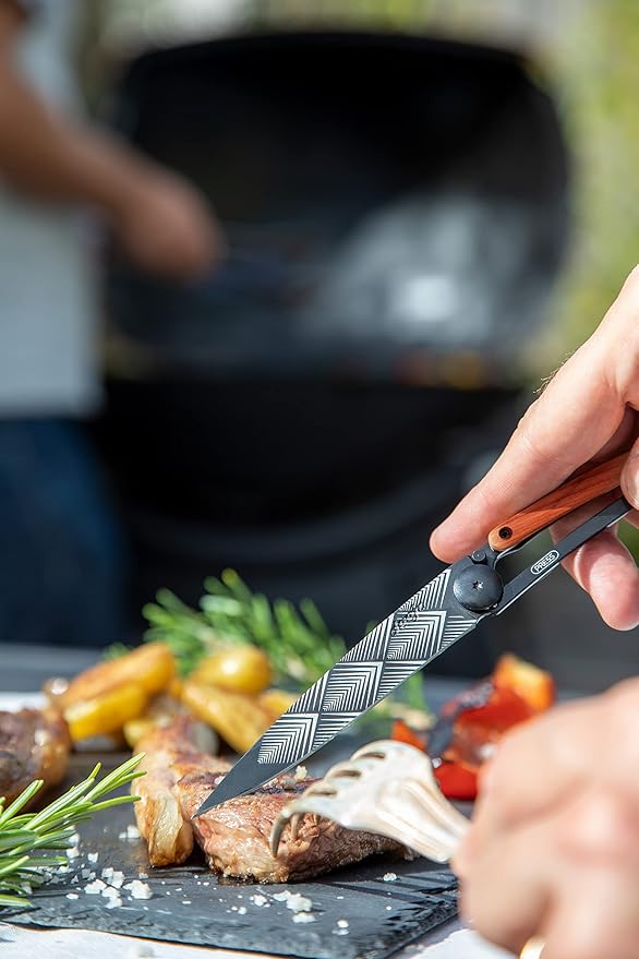 deejo - 0.9 OZ, Black Titanium, Coral Wood, Art Déco - Ultra-Light Folding Pocket Knife with a Belt