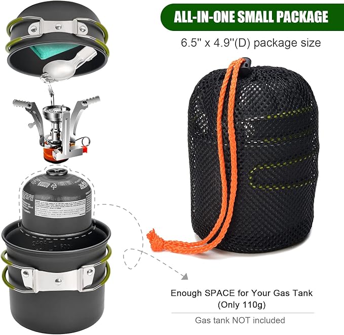 Odoland 8pcs Camping Cookware Mess Kit, Camping Pot and Pan Set with Mini Backpacking Stove