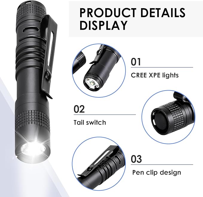 3.5" Mini Flashlight, AAA Small Pen Light with Clip, 500 Lumen Pocket Pen Flashlight Powered by AAA