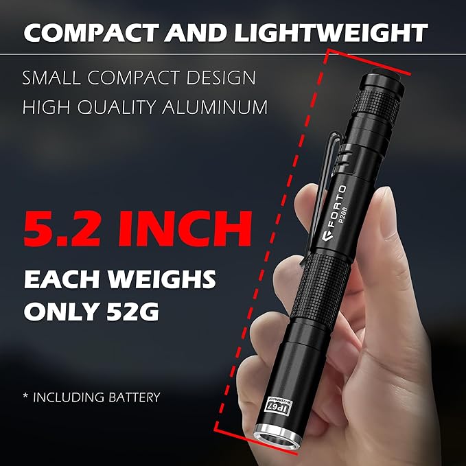 FORTO LED Pen Light, 200 Lumens Pocket Flashlight, IP67 Waterproof, 2 Modes, 2 Pack with AAA