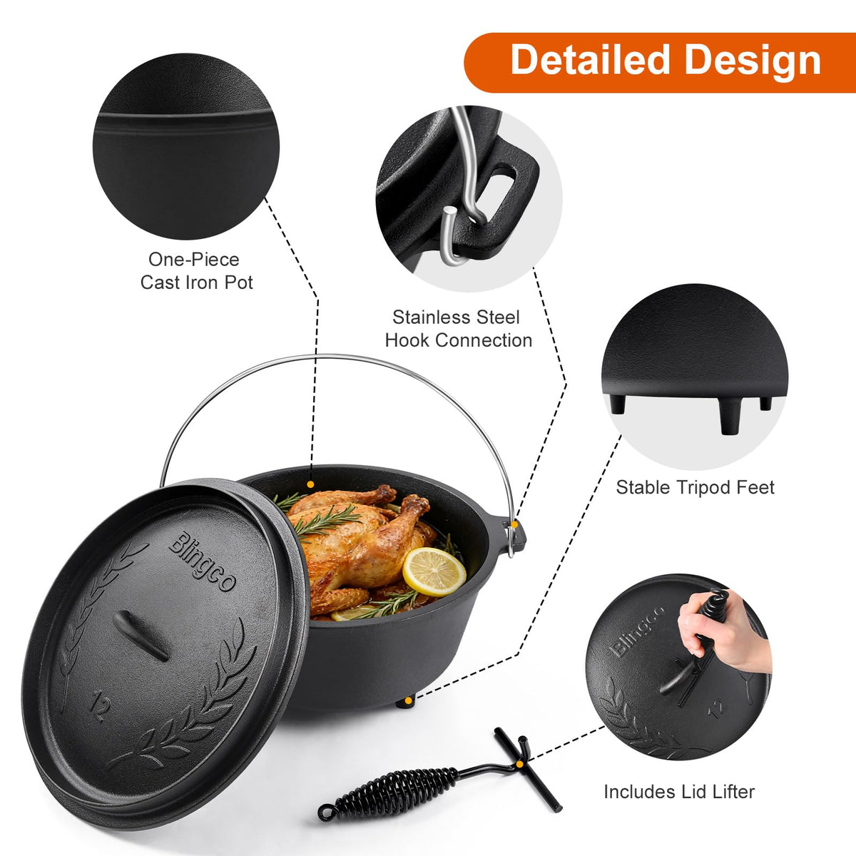 Blingco Cast Iron Dutch Oven - 8QT, Pre-Seasoned, Cast Iron, Large - product view 3